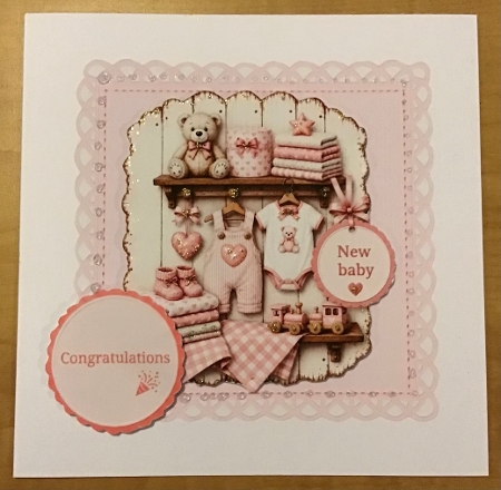 Pink New Baby Girl Card Topper – Clothes, Teddy & Nursery Shelf by Sharron Hylton