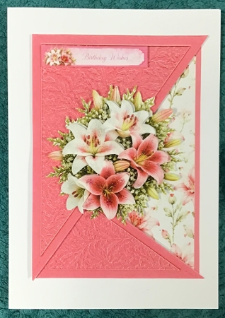 Elegant 7x5 Pink & White Lily Floral Card Topper for Handmade Crafts by Sharron Hylton