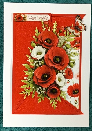 Elegant 7x5 Red & White Poppy Floral Card Topper with Butterfly by Sharron Hylton