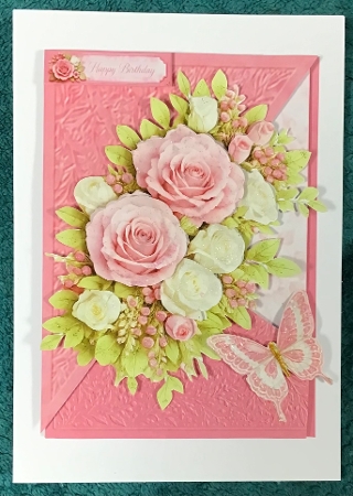 Elegant 7x5 Pink & Cream Rose Floral Card Topper with Butterfly by Sharron Hylton