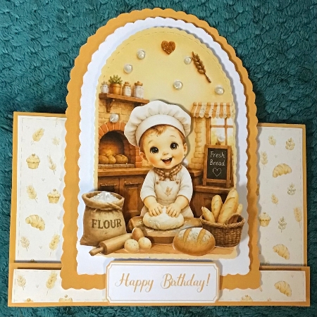 Cute Little Baker Card Topper with Bread & Kitchen Scene by Sharron Hylton