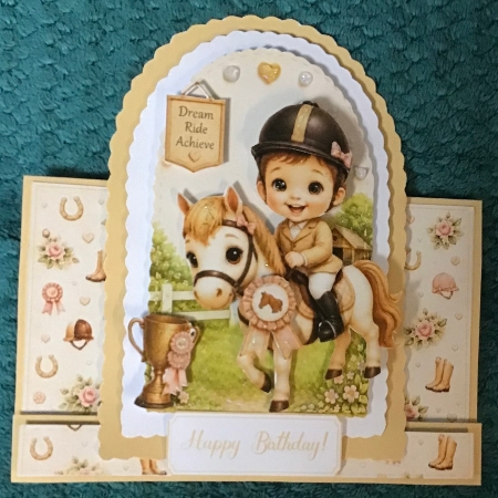 Cute Little Rider Equestrian Card Topper with Pony & Stable Scene by Sharron Hylton