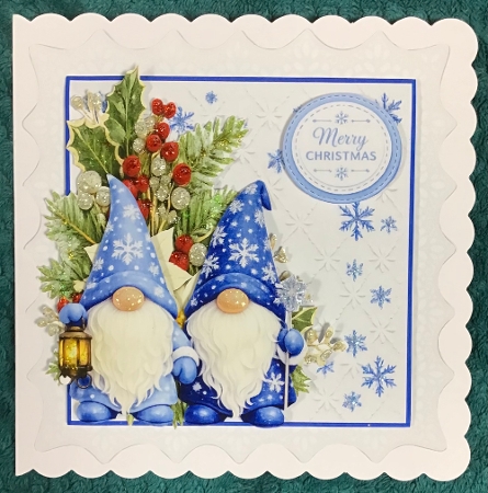 Cute 7x7 Merry Christmas Gnome Card Topper with Winter Foliage by Sharron Hylton