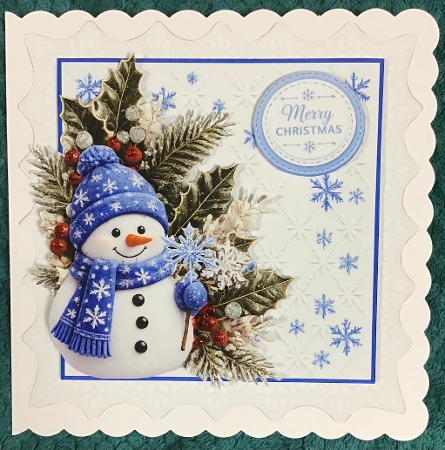 Cute 7x7 Merry Christmas Snowman Card Topper with Winter Foliage by Sharron Hylton