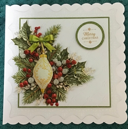 Elegant 7x7 Seasons Greetings Christmas Card Topper with Ornament & Green Bow by Sharron Hylton