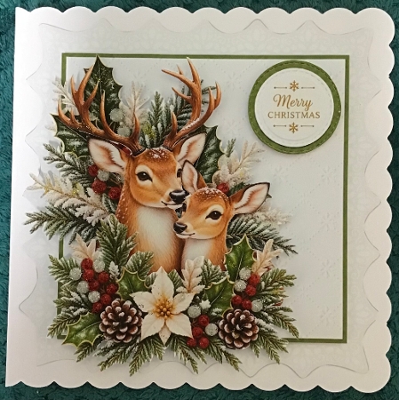 Elegant 7x7 Merry Christmas Deer Card Topper with Winter Foliage by Sharron Hylton