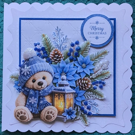 Cute 7x7 Merry Christmas Bear Card Topper with Lantern & Winter Foliage by Sharron Hylton