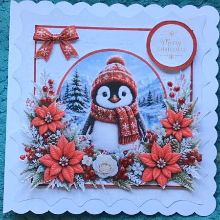 Cute 7x7 Merry Christmas Penguin Card Topper with Winter Florals by Sharron Hylton