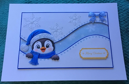 Cute Merry Christmas Penguin Card Topper with Blue Wavy Borders & Holiday Labels by Sharron Hylton