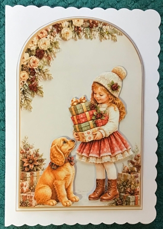 Vintage Christmas Child & Dog Arch Topper with Gifts, Florals & Holiday Labels by Sharron Hylton