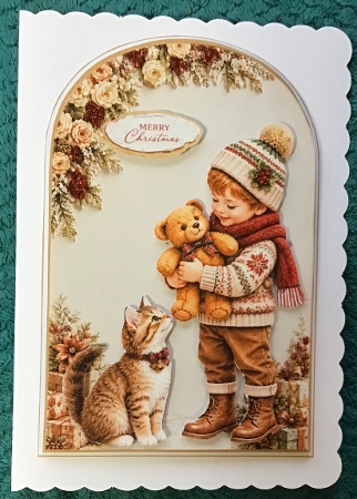 Cute Christmas Child, Cat & Teddy Bear Arch Topper with Florals & Holiday Labels by Sharron Hylton