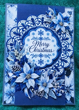Blue and White Christmas 5x7 Card Kit with Filigree Frame and Winter Florals by Sharron Hylton