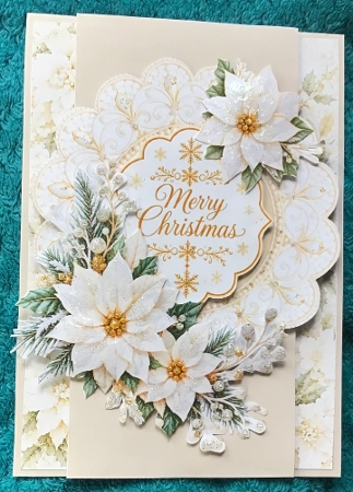 White and Gold Christmas 5x7 Card Kit with Poinsettias, Lace Layers and Festive Sentiments by Sharron Hylton