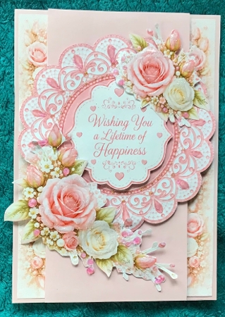 Pink Roses Wedding 5x7 Card Kit with Lace Layers and Sentiment Labels by Sharron Hylton