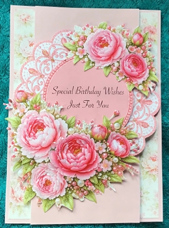 Pink Peonies Lace 5x7 Happy Birthday Card Kit with Floral Toppers by Sharron Hylton