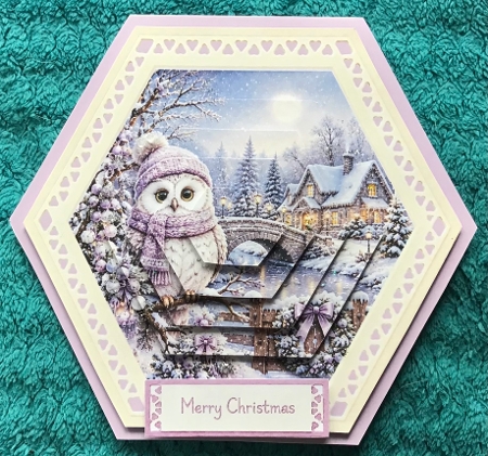Winter Owl Hexagon Christmas Card Kit with Scenic Snowy Landscape & Toppers by Sharron Hylton