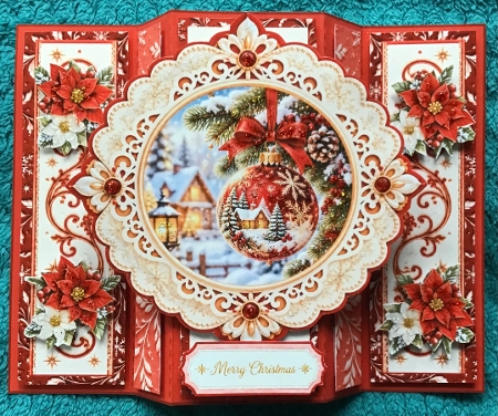 Red & Gold Ornament 6x8 Christmas Card Kit with Snowy Village Scene & Festive Floral Toppers by Sharron Hylton