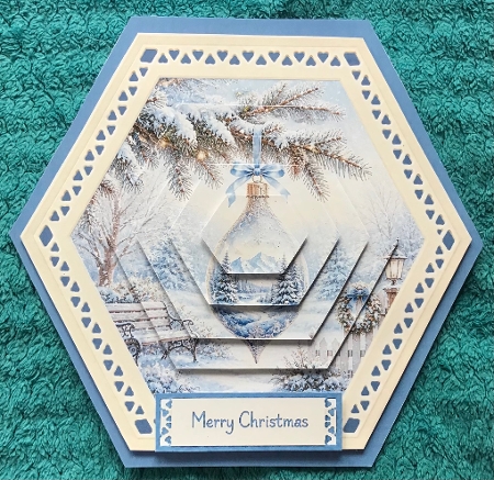 Hexagonal 8x8 Winter Ornament Card Kit with Snowy Landscape & Frosted Blue Toppers by Sharron Hylton