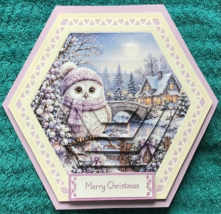 Hexagonal 8x8 Purple Owl Winter Card Kit with Snowy Landscape & Festive Toppers by Sharron Hylton