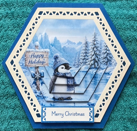Hexagonal 8x8 Penguin Winter Card Kit with Snowy Landscape & Festive Blue Toppers by Sharron Hylton