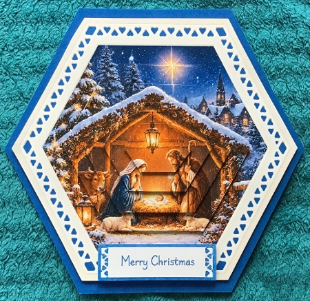 Hexagonal 8x8 Nativity Winter Card Kit with Snowy Scene & Festive Blue Toppers by Sharron Hylton
