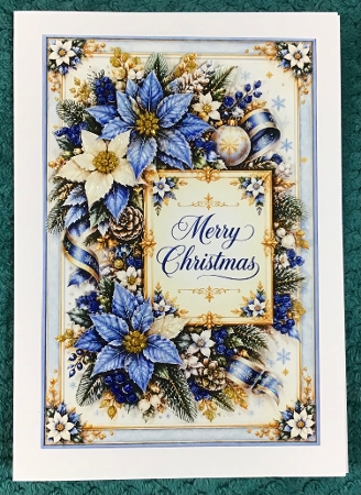 Elegant Blue & Gold Poinsettia Merry Christmas Topper for Cards by Sharron Hylton
