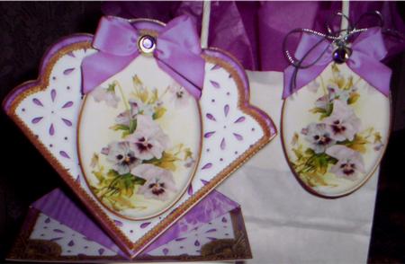 Purple Pansies Anglaise Scallop Spring Decoupage Card by Sharyn Cafe