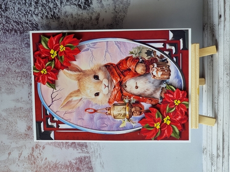 Christmas Rabbit & Poinsettia Card Front by Sheena Furner