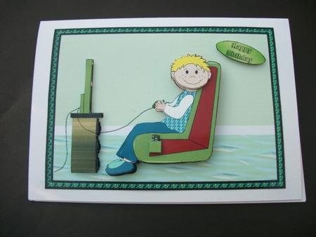 Gamer Boy Green Card Front with Decoupage by Sheila Horne