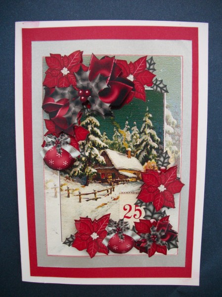 December 25th Red Poinsettia Holly and Christmas Bows by Sheila Horne