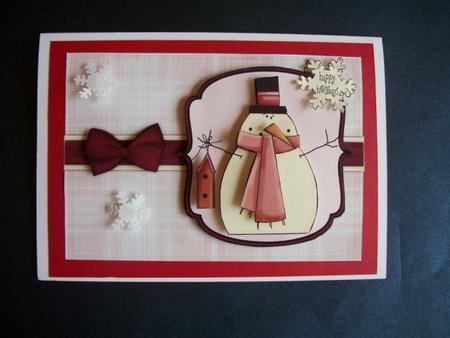 Snowman with Birdhouse Decoupage Card - Dusky Pink by Sheila Horne