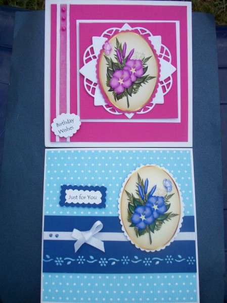 Pink and Blue Flower Toppers in Oval Frames by Sheila Horne