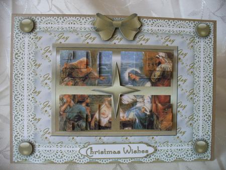 The Nativity 'n Lace Quadramid Card Front by Sheila Lewis
