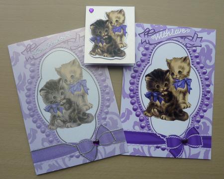 Cute Kitties in Bead Frame with Purple Bows A5 Card by Sheila Lewis