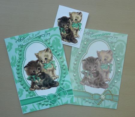 Cute Kitties in Bead Frame with Turq Bows A5 Card by Sheila Lewis