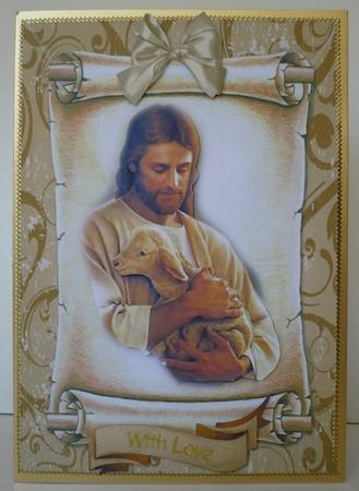 Jesus with Little Lamb on a Scroll by Sheila Lewis