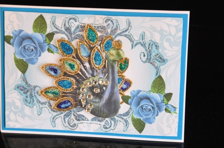 Beautiful Jewel Peacock with Painted Roses A4 by Sheila Pickering
