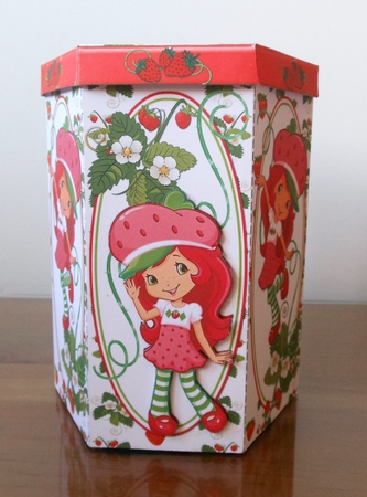 STRAWBERRY SHORT CAKE TALL HEXAGONAL DECOUPAGE BOX by S.Elisabet Osborn Wright