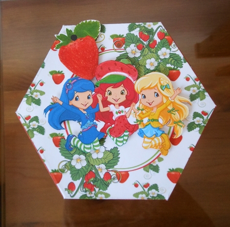 STRAWBERRY SHORT CAKE TALL HEXAGONAL DECOUPAGE BOX by S.Elisabet Osborn Wright