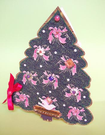 Christmas Tree with Pink Bows Shaped Card by S.Elisabet Osborn Wright