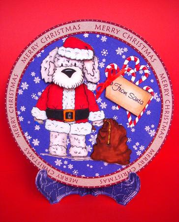 Merry Christmas Santa Dog Plate Card with Decoupage by S.Elisabet Osborn Wright