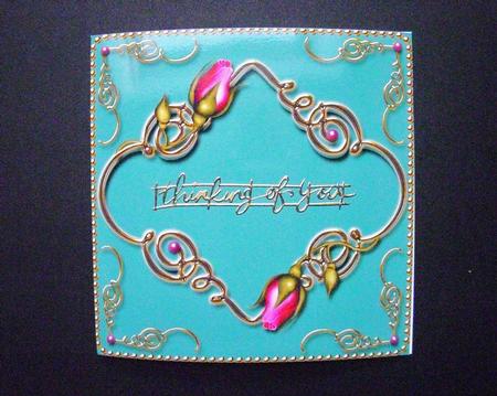 Teal Pink Plain Rose Fancies Square Cut and Fold Card by S.Elisabet Osborn Wright