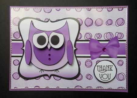 Cute Owl Thank You Decoupage Card Front - Purple by S.Elisabet Osborn Wright