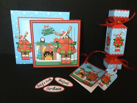 3D Rudolph Fireplace Xmas Pyramage Gift Set & Cracker by S.Elisabet Osborn Wright