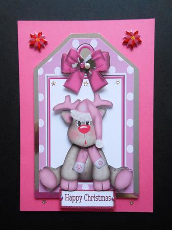 Baby Reindeer in Pink Santa Hat & Bow on a Tag by S.Elisabet Osborn Wright