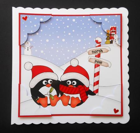 8 x 8 Christmas Romantic Penguins Scalloped Corner Topper by S.Elisabet Osborn Wright