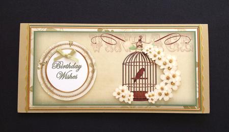 Olive Birdcage Birthday Wishes Dl Decoupage Topper by S.Elisabet Osborn Wright