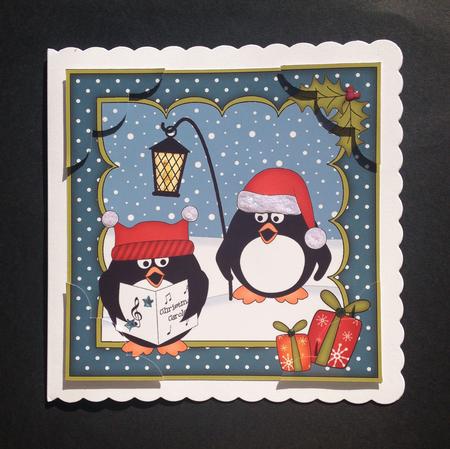 8x8 Xmas Carol Singing Pip Penguin Scalloped Corner Topper by S.Elisabet Osborn Wright