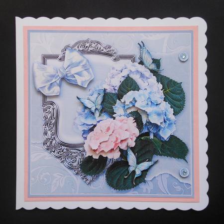 Hydrangeas on a Blue Ornate Panel 8in x 8in Decoupage by S.Elisabet Osborn Wright