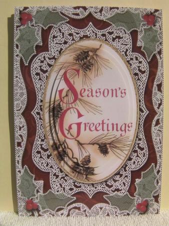 Seasons Greetings A5 Lace Oval Card Front Step by Step by Shelley Moniz